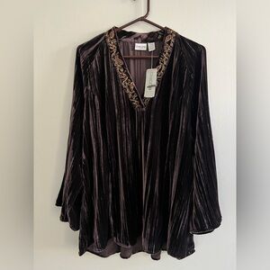 Chico's Silk Blend Embellished Velvet V-Neck Tunic - Dark Brown Size XL